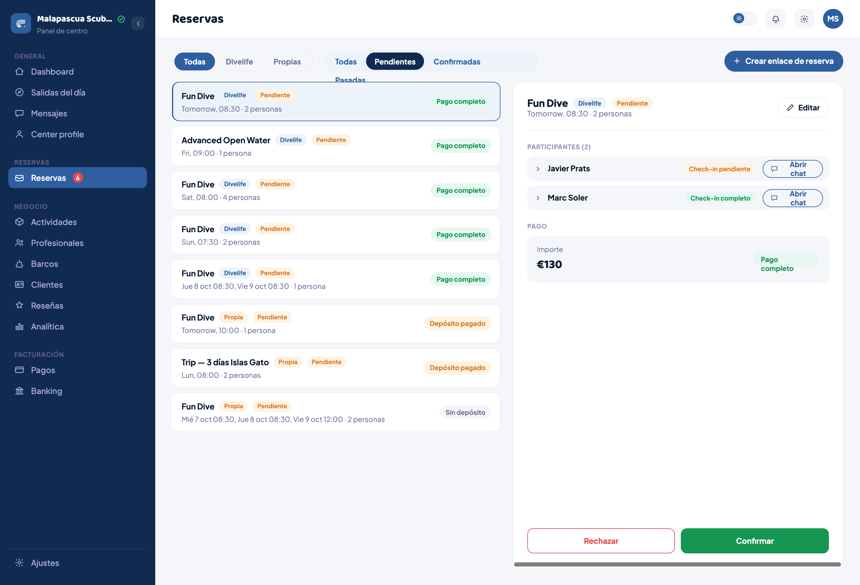 Center bookings dashboard