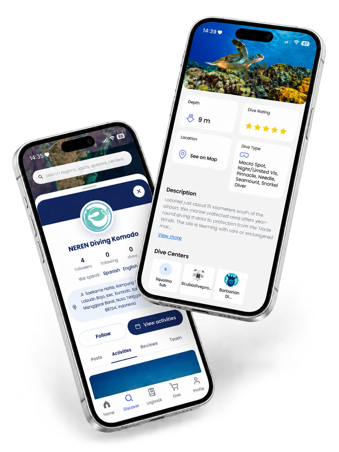 Dive center and dive site profiles in the DiveLife app