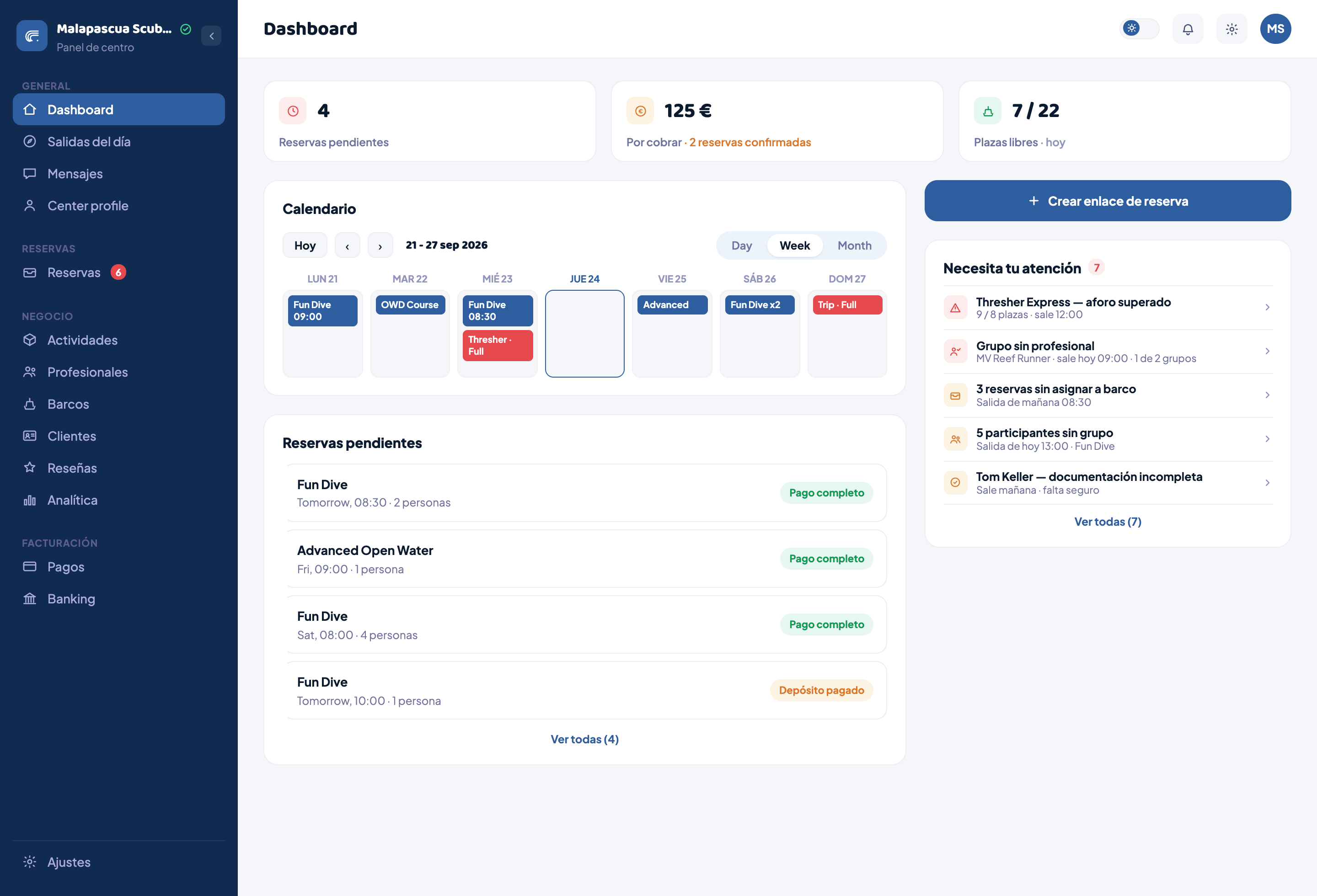 DiveLife dive center management dashboard